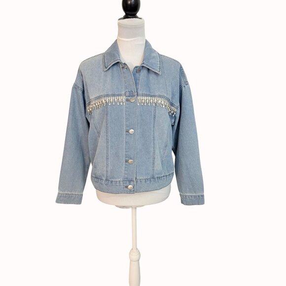 TGLA Denim Jacket Rhinestone Fringe Size M Light Wash Western Cowgirl Jean Coat - Picture 15 of 16